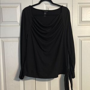 LANE BRYANT 14 16 Black Long Sleeve Ruched Tie Front Blouse Draped Neckline